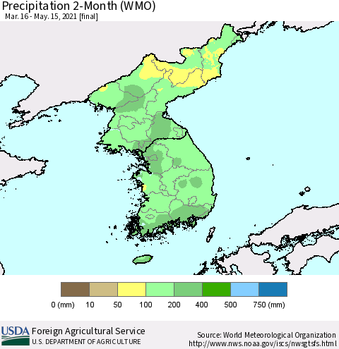 Korea Precipitation 2-Month (WMO) Thematic Map For 3/16/2021 - 5/15/2021