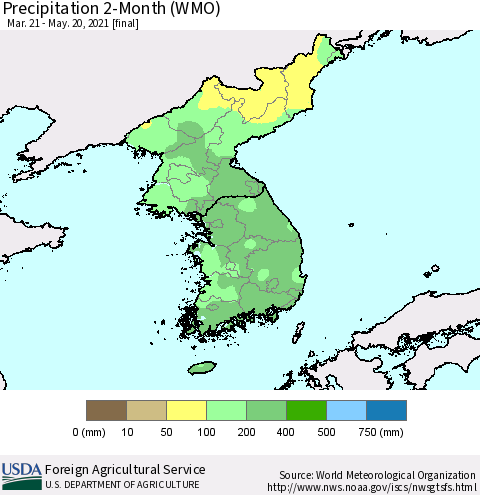 Korea Precipitation 2-Month (WMO) Thematic Map For 3/21/2021 - 5/20/2021
