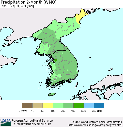 Korea Precipitation 2-Month (WMO) Thematic Map For 4/1/2021 - 5/31/2021