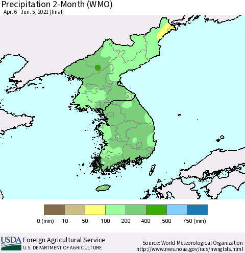 Korea Precipitation 2-Month (WMO) Thematic Map For 4/6/2021 - 6/5/2021