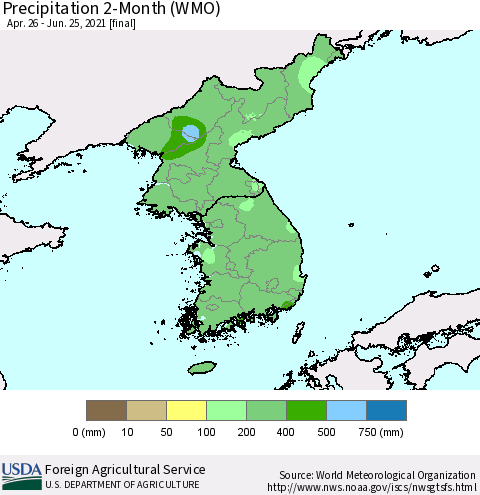 Korea Precipitation 2-Month (WMO) Thematic Map For 4/26/2021 - 6/25/2021