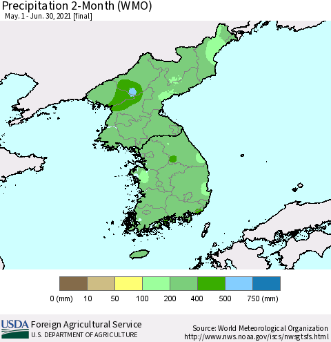 Korea Precipitation 2-Month (WMO) Thematic Map For 5/1/2021 - 6/30/2021