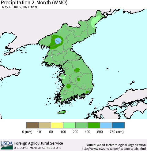 Korea Precipitation 2-Month (WMO) Thematic Map For 5/6/2021 - 7/5/2021