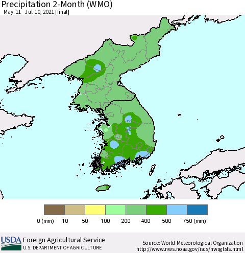 Korea Precipitation 2-Month (WMO) Thematic Map For 5/11/2021 - 7/10/2021
