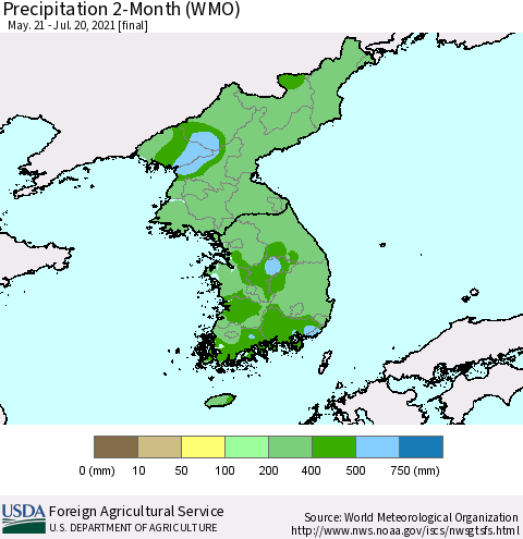 Korea Precipitation 2-Month (WMO) Thematic Map For 5/21/2021 - 7/20/2021