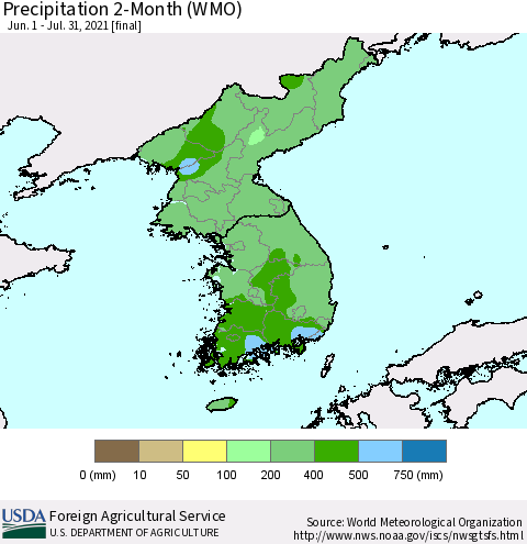 Korea Precipitation 2-Month (WMO) Thematic Map For 6/1/2021 - 7/31/2021