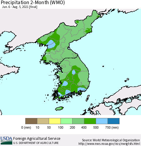 Korea Precipitation 2-Month (WMO) Thematic Map For 6/6/2021 - 8/5/2021