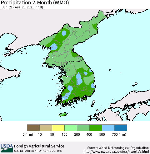 Korea Precipitation 2-Month (WMO) Thematic Map For 6/21/2021 - 8/20/2021