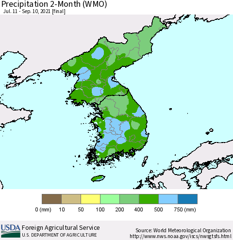Korea Precipitation 2-Month (WMO) Thematic Map For 7/11/2021 - 9/10/2021