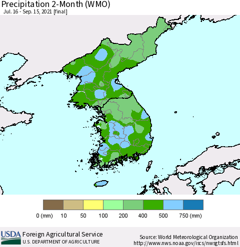 Korea Precipitation 2-Month (WMO) Thematic Map For 7/16/2021 - 9/15/2021