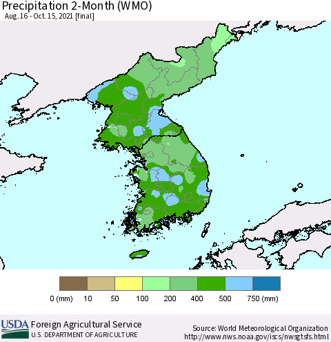 Korea Precipitation 2-Month (WMO) Thematic Map For 8/16/2021 - 10/15/2021