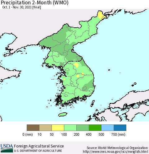 Korea Precipitation 2-Month (WMO) Thematic Map For 10/1/2021 - 11/30/2021