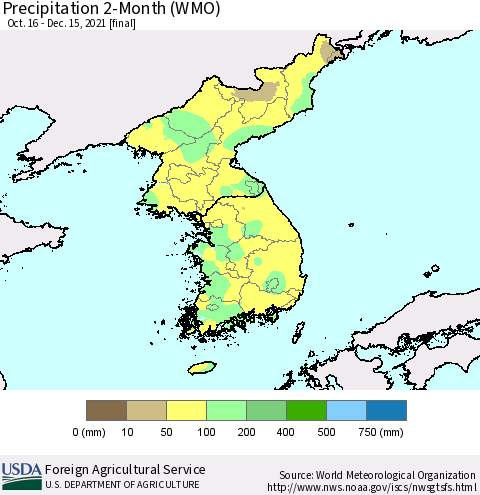 Korea Precipitation 2-Month (WMO) Thematic Map For 10/16/2021 - 12/15/2021