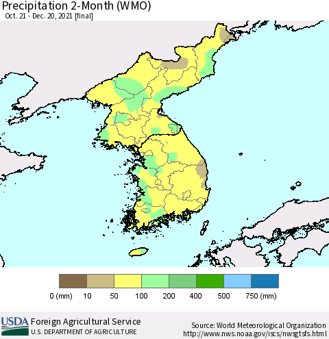 Korea Precipitation 2-Month (WMO) Thematic Map For 10/21/2021 - 12/20/2021