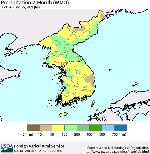 Korea Precipitation 2-Month (WMO) Thematic Map For 10/26/2021 - 12/25/2021