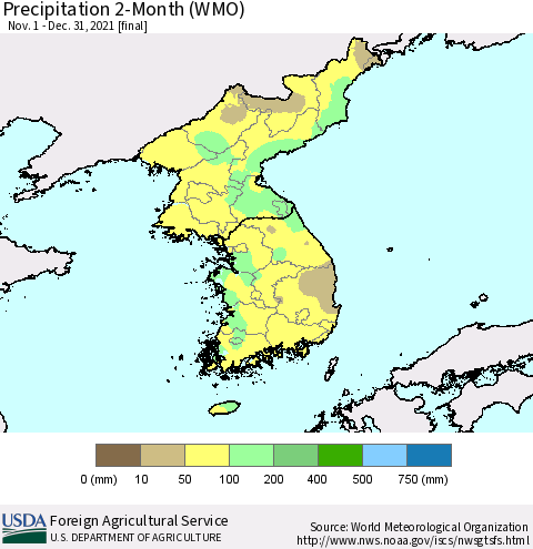 Korea Precipitation 2-Month (WMO) Thematic Map For 11/1/2021 - 12/31/2021