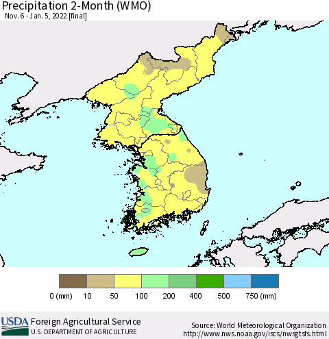 Korea Precipitation 2-Month (WMO) Thematic Map For 11/6/2021 - 1/5/2022