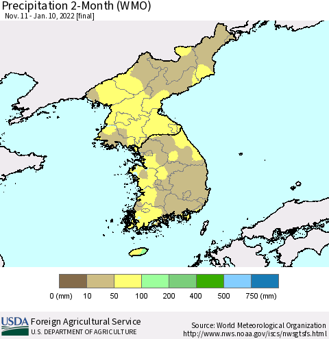 Korea Precipitation 2-Month (WMO) Thematic Map For 11/11/2021 - 1/10/2022