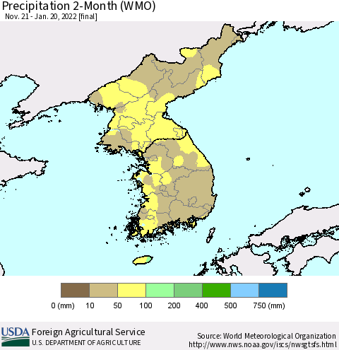 Korea Precipitation 2-Month (WMO) Thematic Map For 11/21/2021 - 1/20/2022