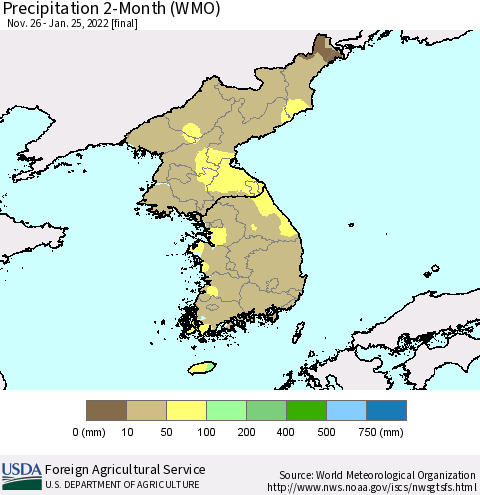 Korea Precipitation 2-Month (WMO) Thematic Map For 11/26/2021 - 1/25/2022