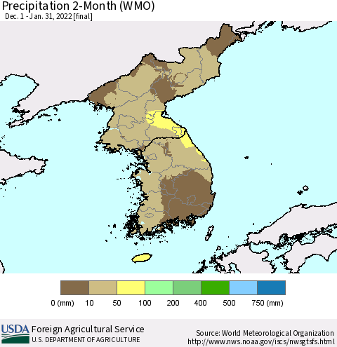 Korea Precipitation 2-Month (WMO) Thematic Map For 12/1/2021 - 1/31/2022