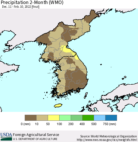 Korea Precipitation 2-Month (WMO) Thematic Map For 12/11/2021 - 2/10/2022