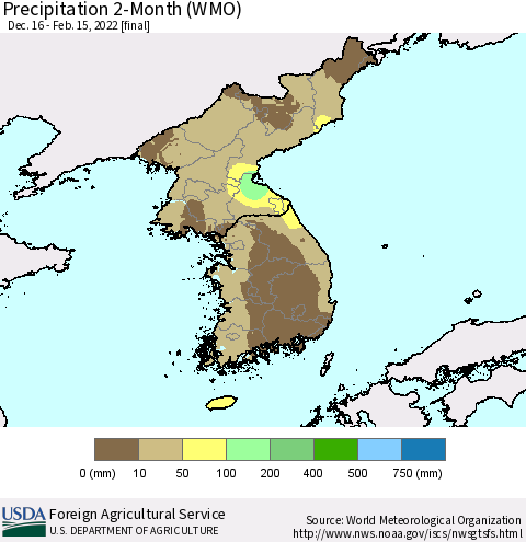 Korea Precipitation 2-Month (WMO) Thematic Map For 12/16/2021 - 2/15/2022