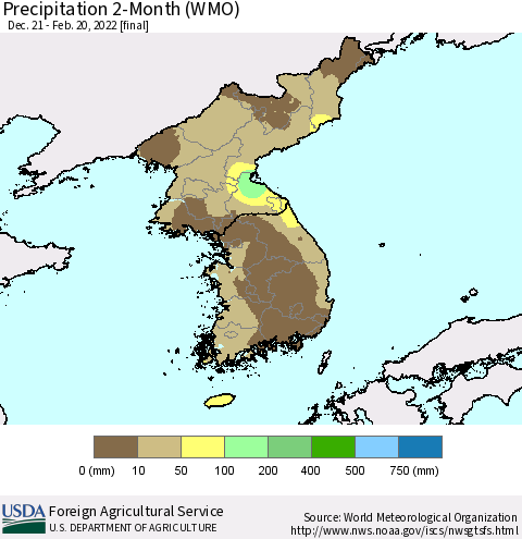 Korea Precipitation 2-Month (WMO) Thematic Map For 12/21/2021 - 2/20/2022
