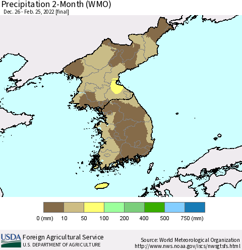 Korea Precipitation 2-Month (WMO) Thematic Map For 12/26/2021 - 2/25/2022