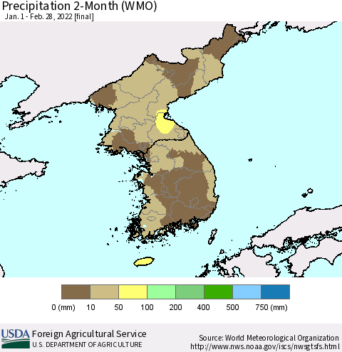 Korea Precipitation 2-Month (WMO) Thematic Map For 1/1/2022 - 2/28/2022