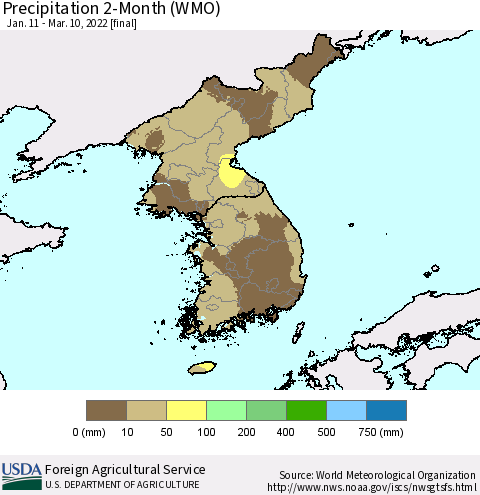 Korea Precipitation 2-Month (WMO) Thematic Map For 1/11/2022 - 3/10/2022