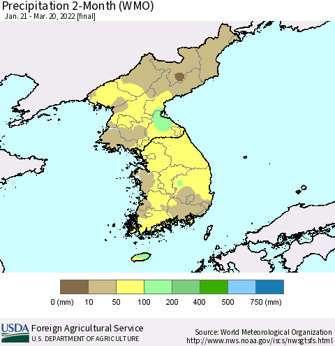 Korea Precipitation 2-Month (WMO) Thematic Map For 1/21/2022 - 3/20/2022