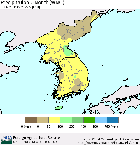 Korea Precipitation 2-Month (WMO) Thematic Map For 1/26/2022 - 3/25/2022