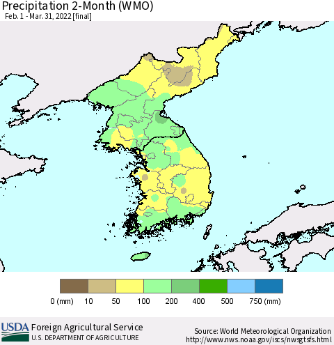 Korea Precipitation 2-Month (WMO) Thematic Map For 2/1/2022 - 3/31/2022