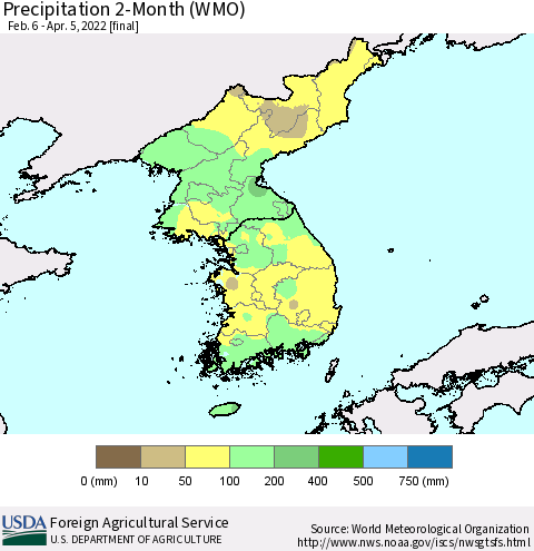 Korea Precipitation 2-Month (WMO) Thematic Map For 2/6/2022 - 4/5/2022