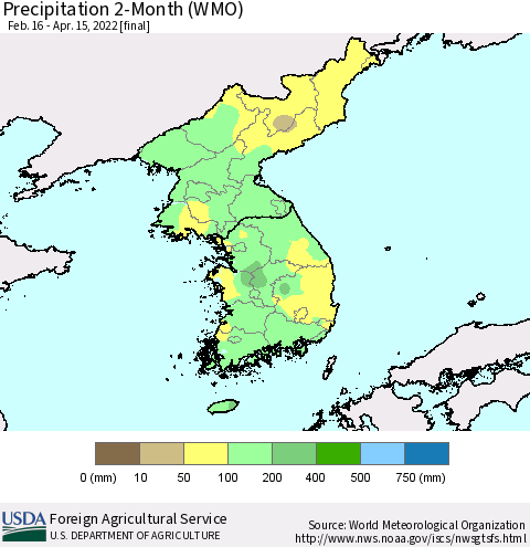 Korea Precipitation 2-Month (WMO) Thematic Map For 2/16/2022 - 4/15/2022