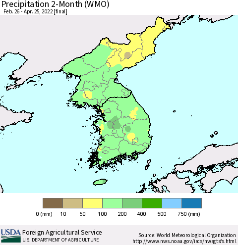 Korea Precipitation 2-Month (WMO) Thematic Map For 2/26/2022 - 4/25/2022