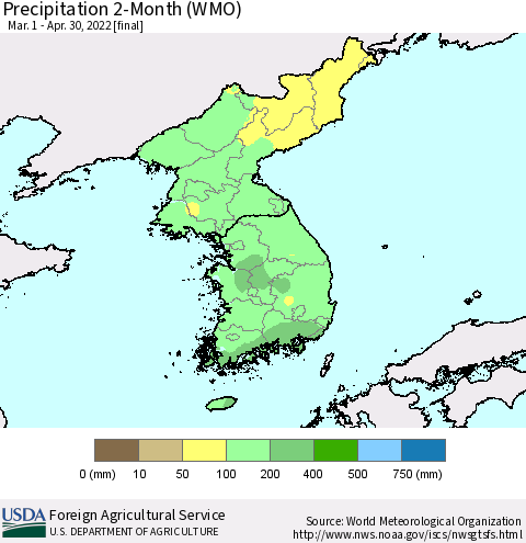 Korea Precipitation 2-Month (WMO) Thematic Map For 3/1/2022 - 4/30/2022