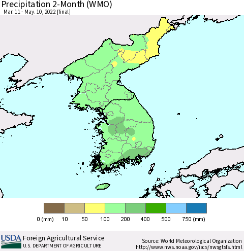 Korea Precipitation 2-Month (WMO) Thematic Map For 3/11/2022 - 5/10/2022