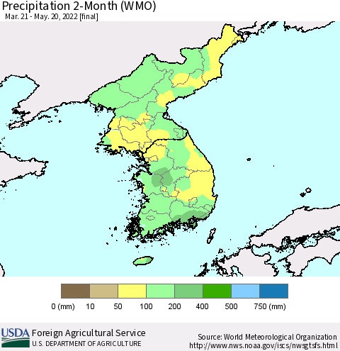 Korea Precipitation 2-Month (WMO) Thematic Map For 3/21/2022 - 5/20/2022