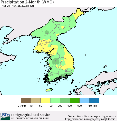Korea Precipitation 2-Month (WMO) Thematic Map For 3/26/2022 - 5/25/2022