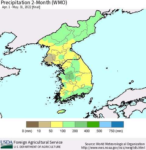 Korea Precipitation 2-Month (WMO) Thematic Map For 4/1/2022 - 5/31/2022