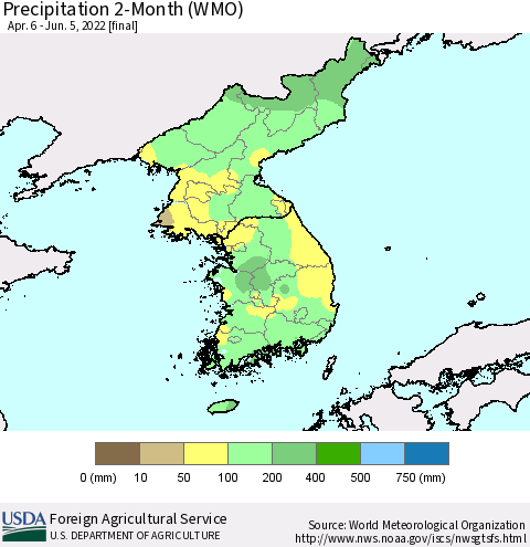 Korea Precipitation 2-Month (WMO) Thematic Map For 4/6/2022 - 6/5/2022