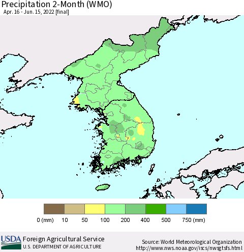 Korea Precipitation 2-Month (WMO) Thematic Map For 4/16/2022 - 6/15/2022