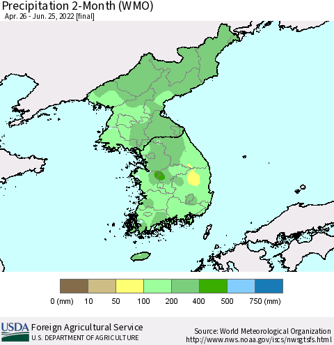 Korea Precipitation 2-Month (WMO) Thematic Map For 4/26/2022 - 6/25/2022