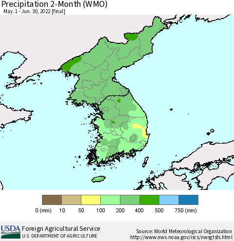 Korea Precipitation 2-Month (WMO) Thematic Map For 5/1/2022 - 6/30/2022