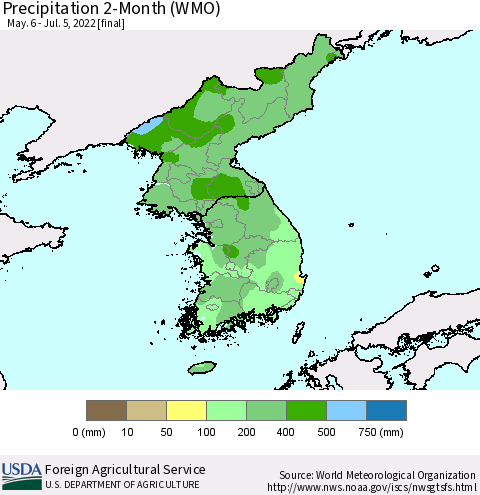 Korea Precipitation 2-Month (WMO) Thematic Map For 5/6/2022 - 7/5/2022