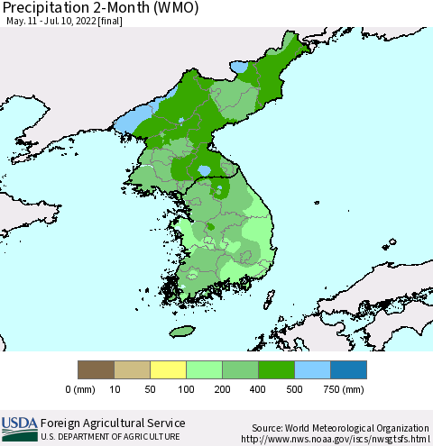 Korea Precipitation 2-Month (WMO) Thematic Map For 5/11/2022 - 7/10/2022