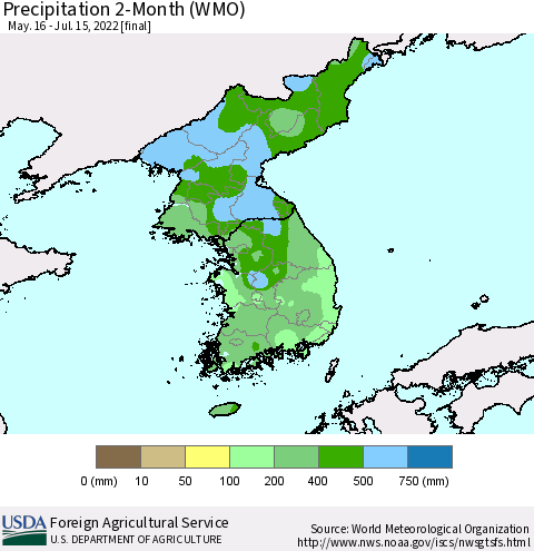 Korea Precipitation 2-Month (WMO) Thematic Map For 5/16/2022 - 7/15/2022