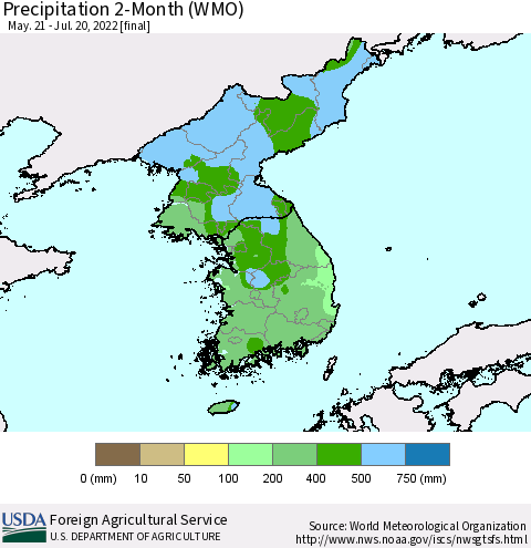 Korea Precipitation 2-Month (WMO) Thematic Map For 5/21/2022 - 7/20/2022